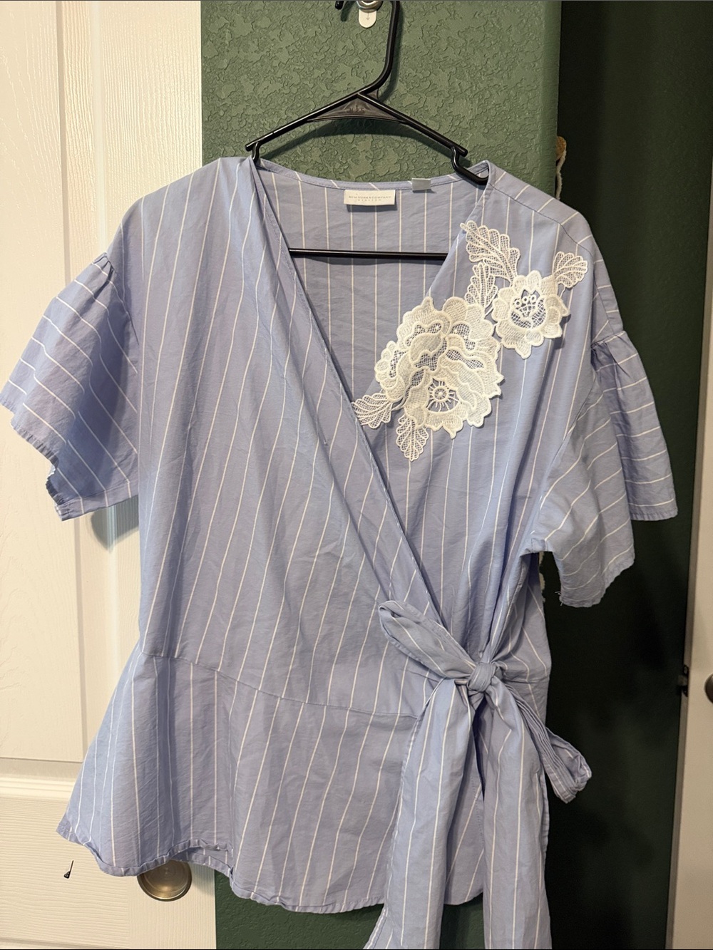 New York and Co Light Blue Pinstripe Wrap Top with White Lace Applique